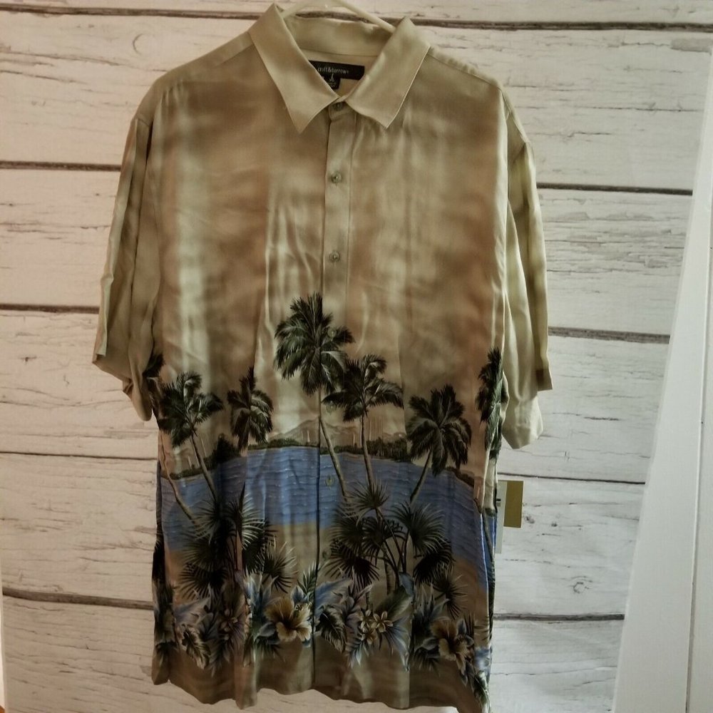 Croft Barrow Short Sleeve Button Up Mens XL Palm Trees Water Tan Green Blue NWT
